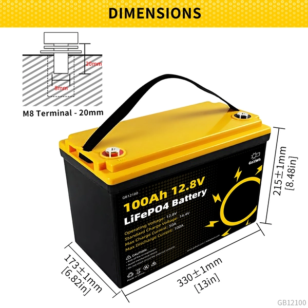GoKWh 12V 100Ah LiFePO4 Deep Cycle Battery with Built-In BMS Dimensions