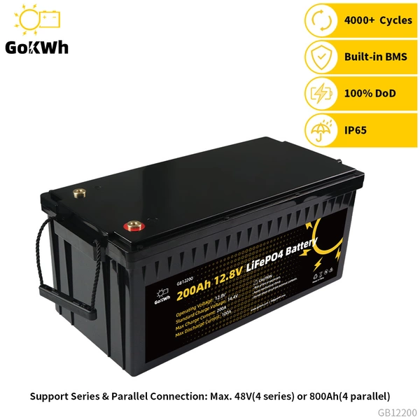 GoKWh 12V 200Ah LiFePO4 Deep Cycle Battery with Built-In BMS For Marine