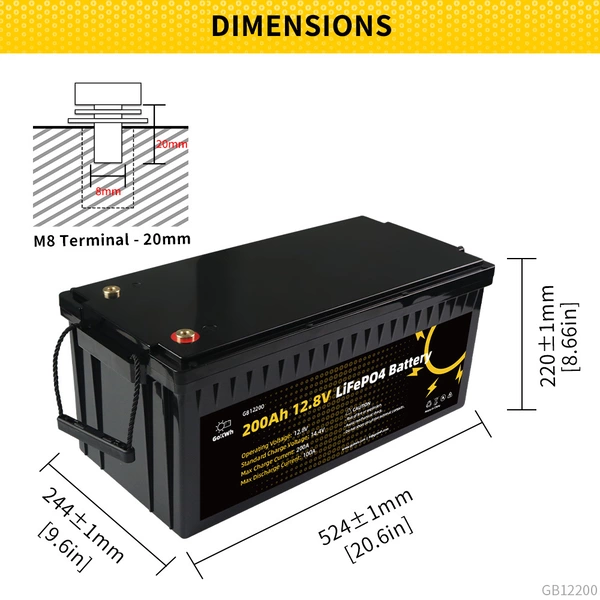 GoKWh 12V 200Ah LiFePO4 Deep Cycle Battery with Built-In BMS Dimensions