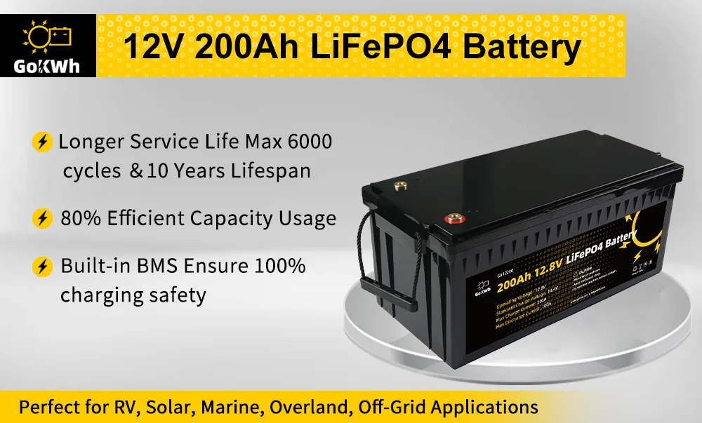 GoKWh 12V 200Ah LiFePO4 Deep Cycle Battery Built-in BMS - Battery