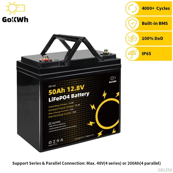 GoKWh 12V 50Ah LiFePO4 Deep Cycle Battery with Built-In BMS
