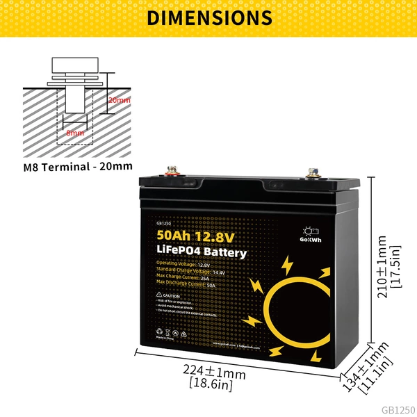 GoKWh 12V 50Ah LiFePO4 Deep Cycle Battery with Built-In BMS Dimensions