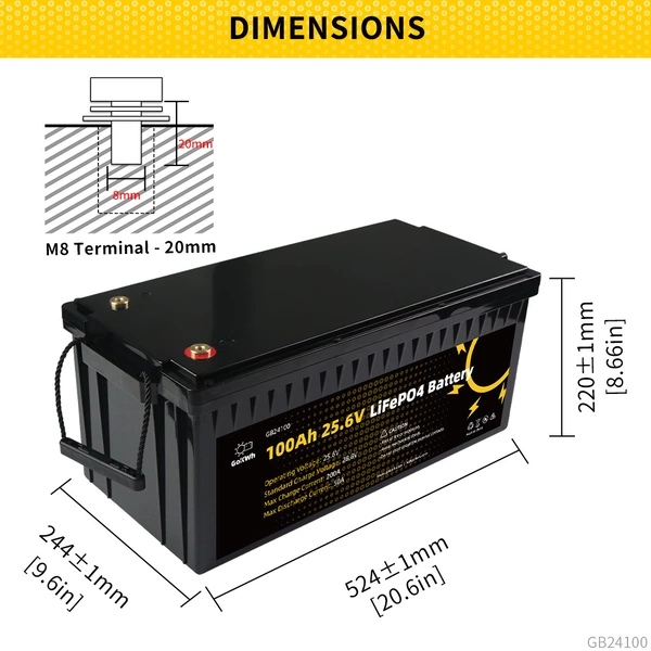 GoKWh 24V 100Ah LiFePO4 Deep Cycle Battery with Built-In BMS Dimensions