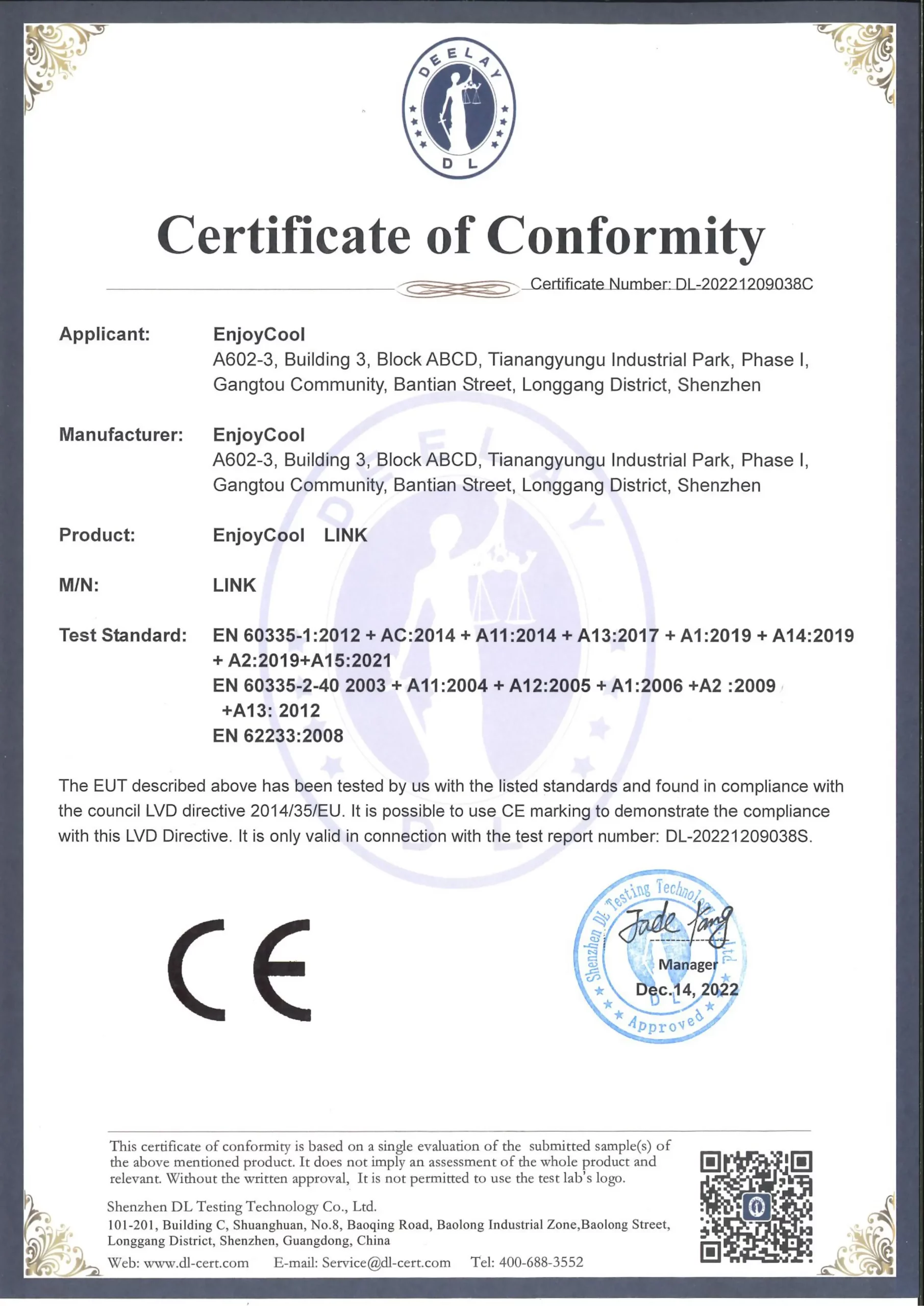 EnjoyCool Certificate of Conformity