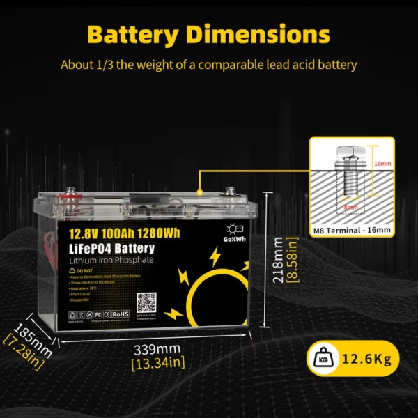 GoKWh 12V 100Ah 1280Wh LiFePO4 Battery Built-in BMS & Power Voltage Display & Transparent Case - Battery Dimensions