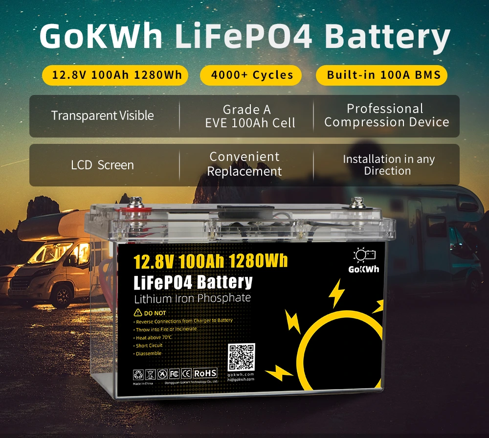 GoKWh 12V 100Ah LiFePO4 Battery Built-in Smart Bluetooth & LCD Display -  Battery Finds