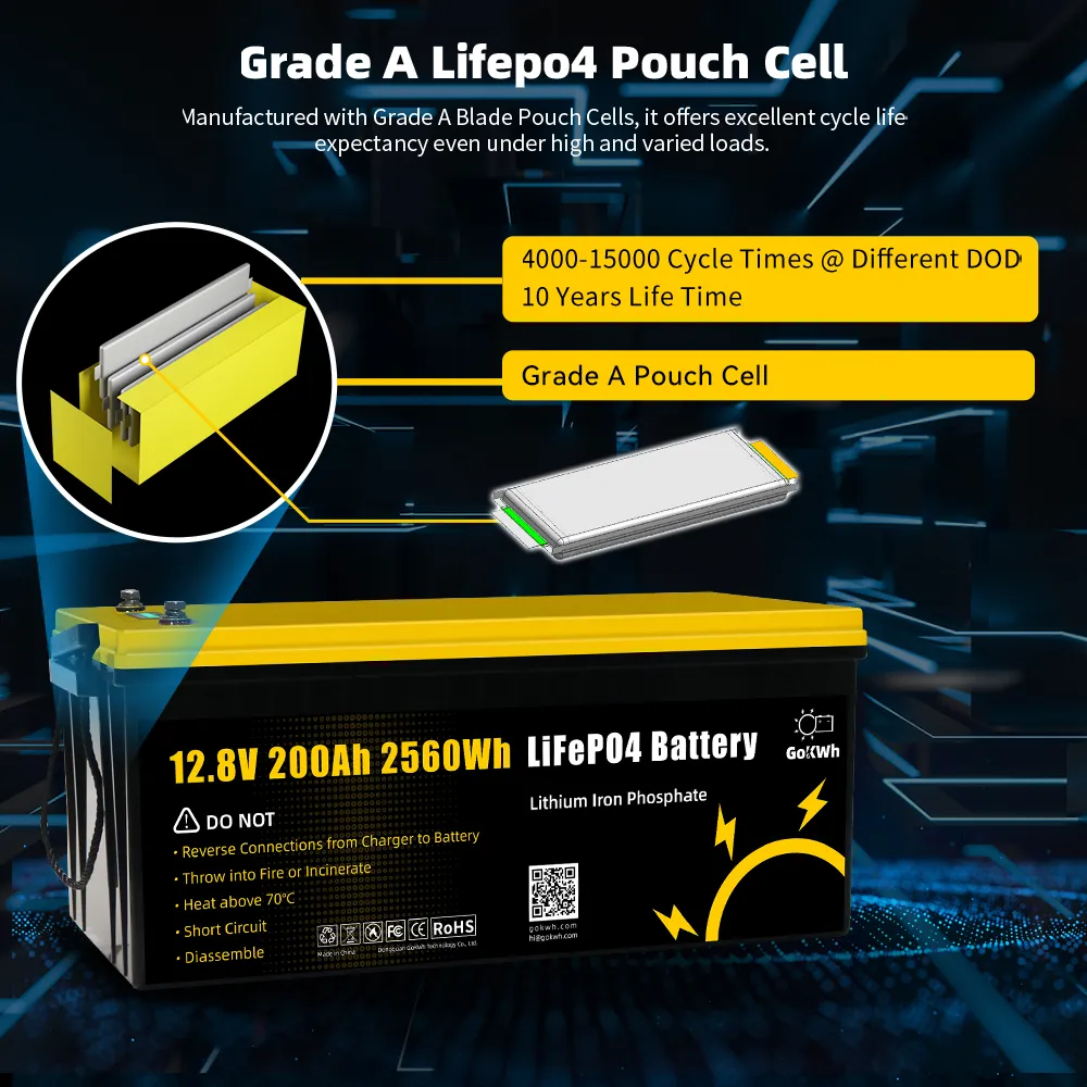 GoKWh 12V 200Ah LiFePO4 Battery Built-in Smart Bluetooth