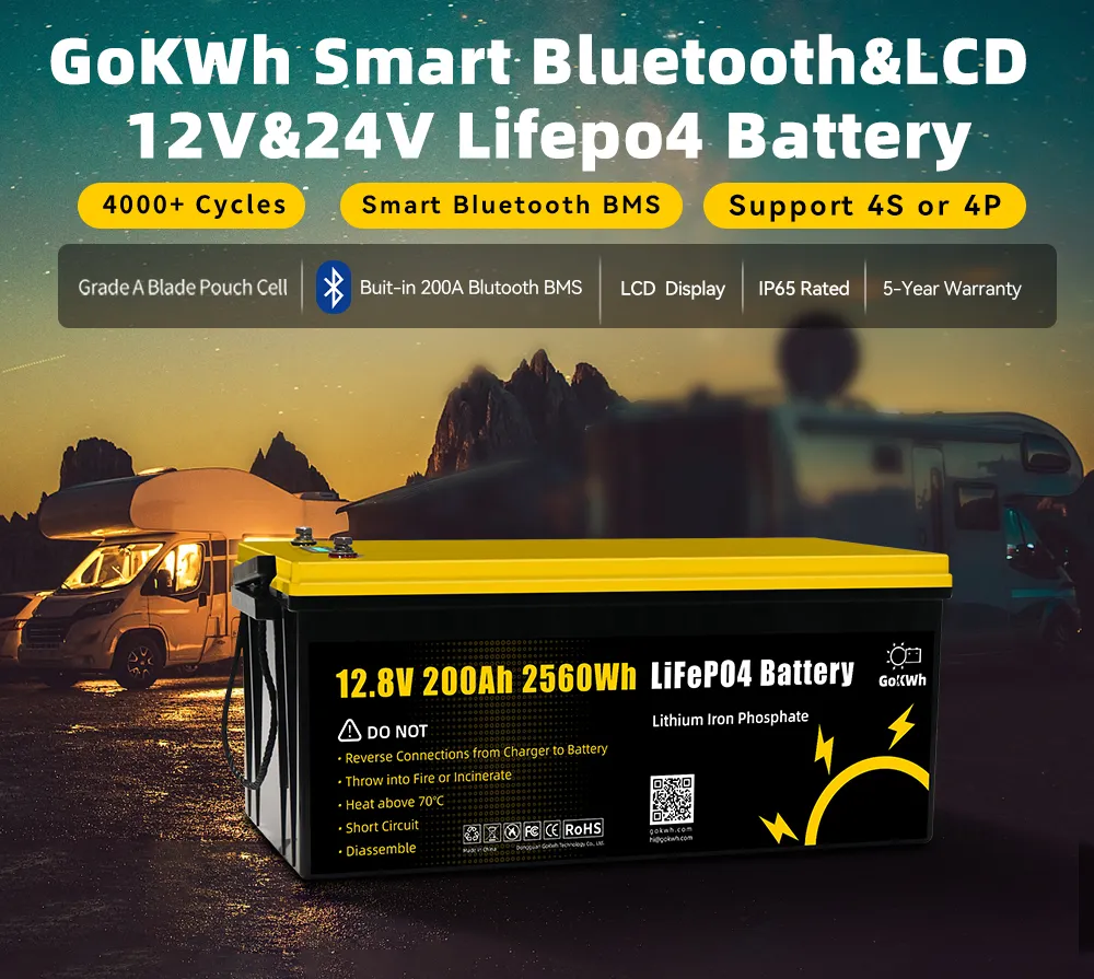 GoKWh 12V 200Ah LiFePO4 Battery Built-in Smart Bluetooth & LCD Display Detail