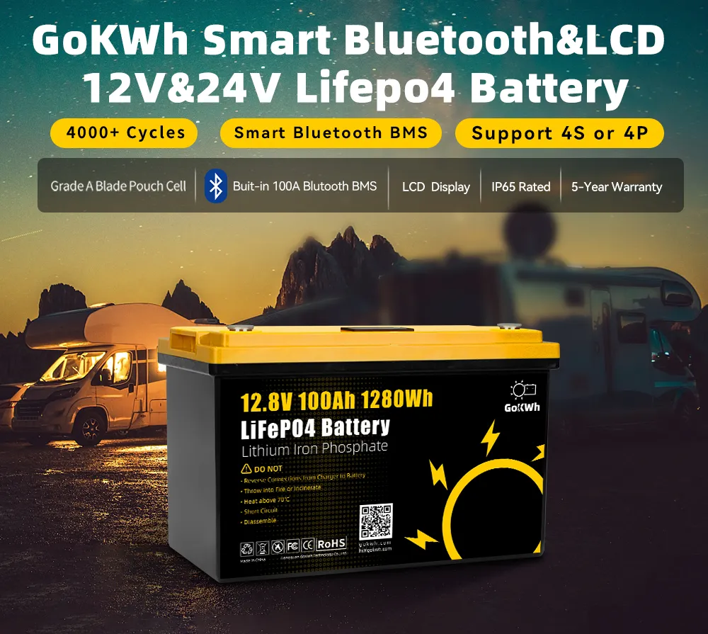 GoKWh 12V100Ah LiFePO4 Battery Built-in Smart Bluetooth & LCD Display Detail