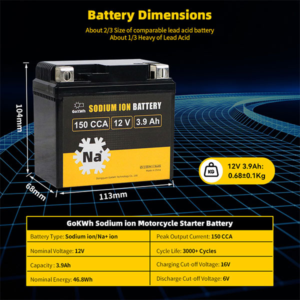 GoKWh 150CCA 12V 3.9Ah Sodium-ion Battery For Motorcycle/ Lawn Mower/ ATV/ UTV - Image 4