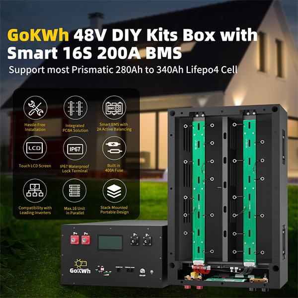 GoKWh 48V Stack-mounted LiFePO4 DIY Kits Box with Smart 16S 200A BMS
